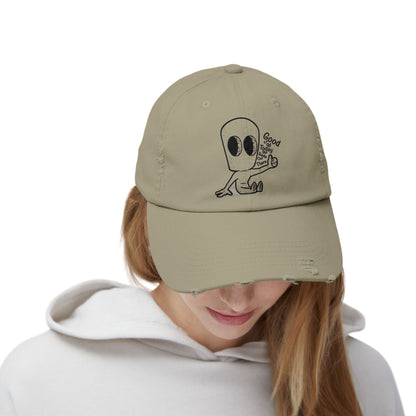 "Good Job" Distressed Cap with Whimsical Alien Design